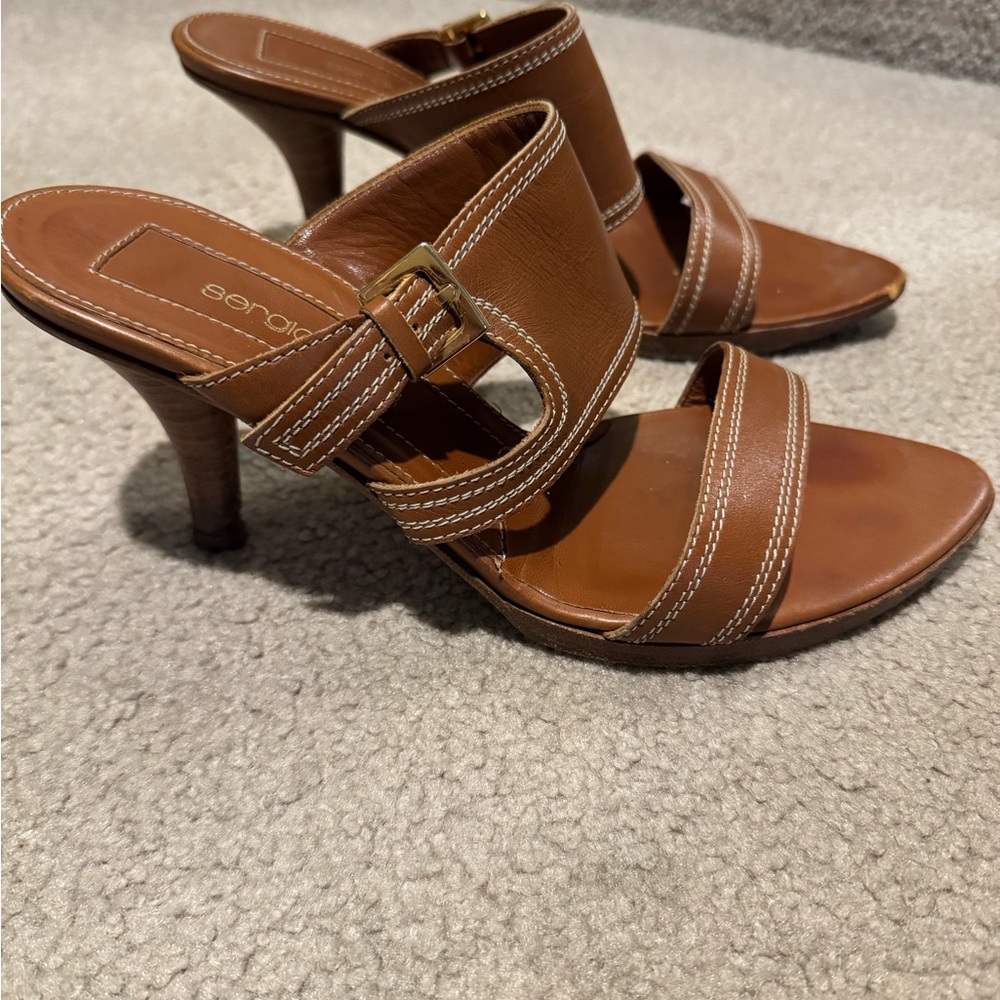 Sergio Rossi Brown Leather Mule with a double strap and stitch detail